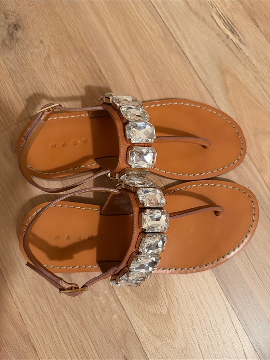 Marni Shoes - MARNI Embellished Tan Leather T-Strap Sandals SIZE 37